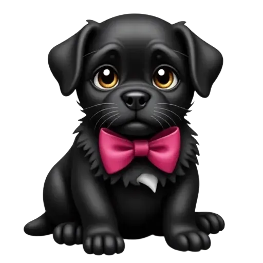 fluffy fat black puppy pale pink bow