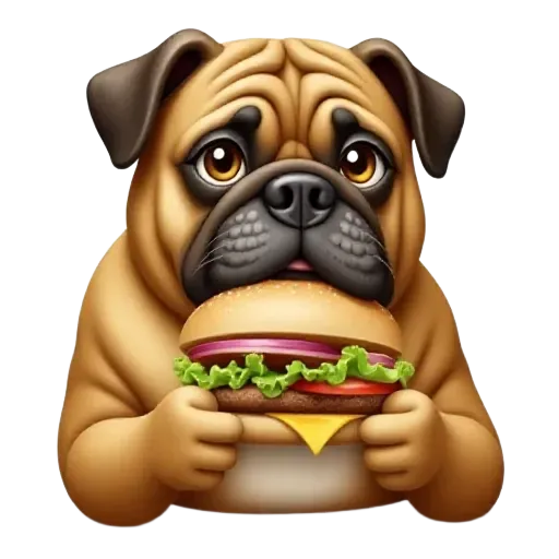 An obese dog eating a sandwich